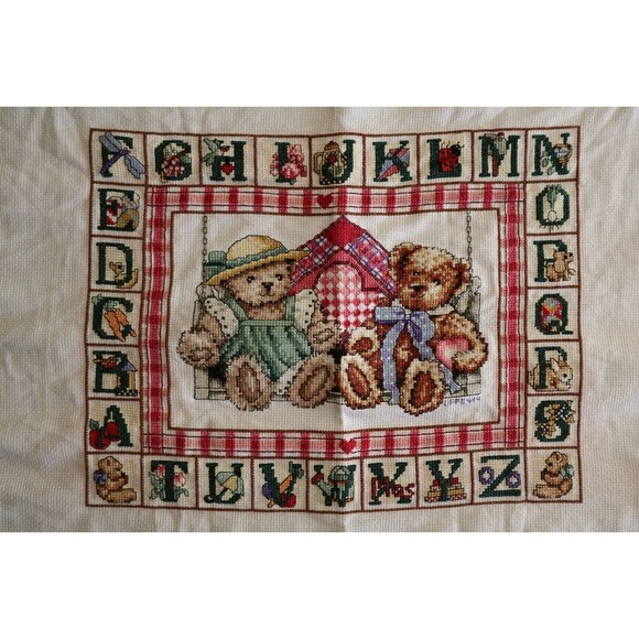 Finished Cross Stitch Bobbie G Designs Teddy Love Alphabet Blocks Completed - Picture 1 of 11